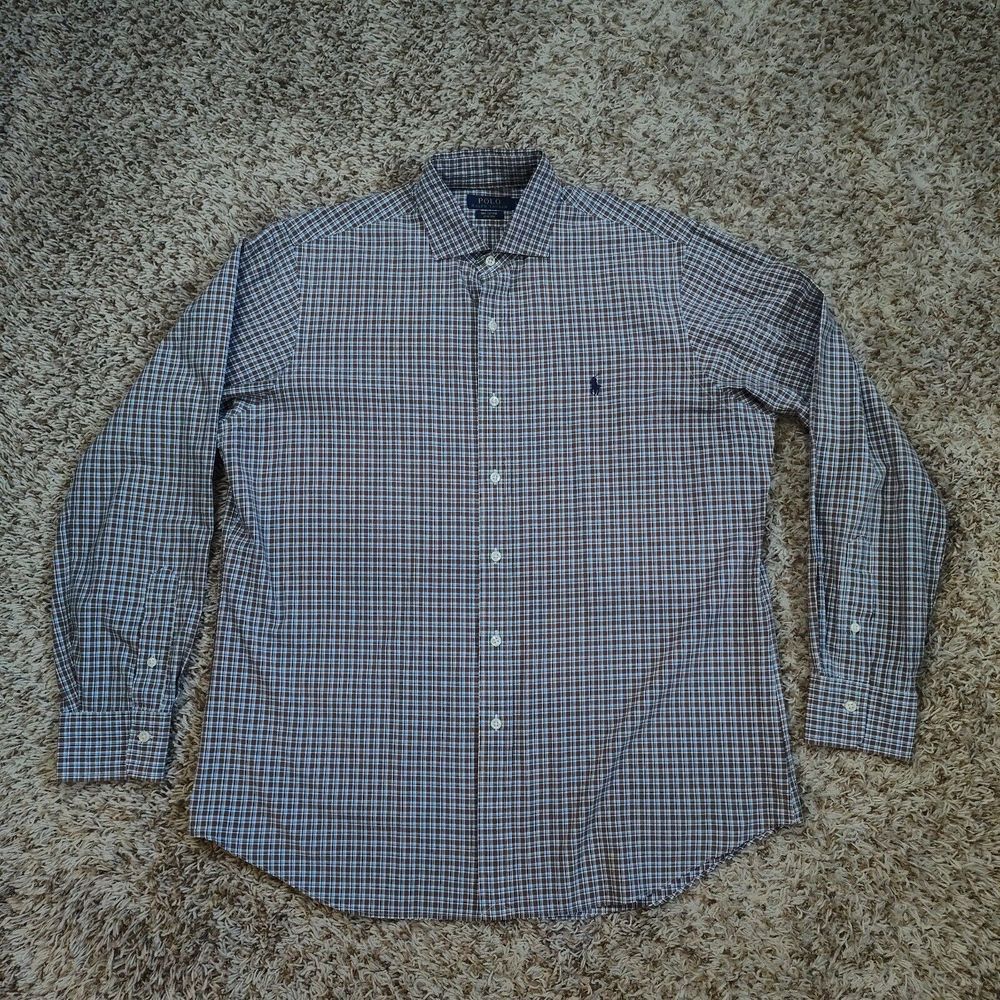 Polo Ralph Lauren Men Sz L Brown Plaid Stretch Long Sleeve Button Up Cotton - Picture 2 of 11